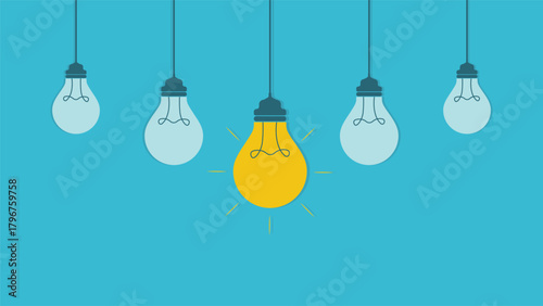 Modern hanging light bulbs background featuring one glowing yellow bulb standing out among soft blue bulbs perfect for themes of creativity leadership innovation inspiration and bright ideas