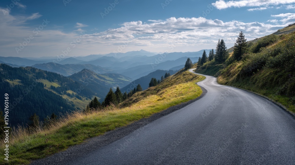 Fototapeta premium Asphaltstraße, die ins Gebirge führt, umgeben von grünen Bergen und klarem Himmel, ruhige und weite Landschaft.