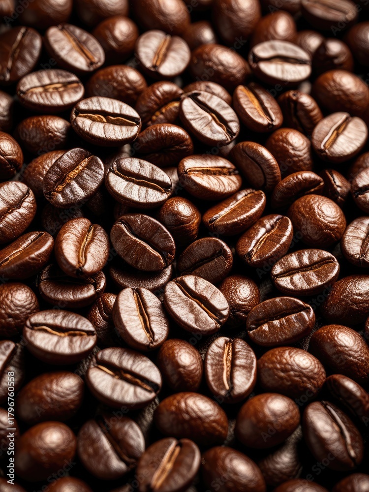 Fototapeta premium Close-up of Roasted Coffee Beans: Aromatic, Fresh, and Rich, Perfect for Espresso and Brewing Coffee at Home