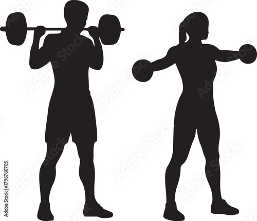 Active man performing barbell squat and woman doing dumbbell lateral raise, fitness workout silhouettes concept.