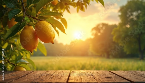 Ripe yellow lemons hang on green tree branch. Old rustic wooden table sits empty. Golden hour sun shines bright over distant green field. Organic citrus fruits grow in beautiful farm garden, ready