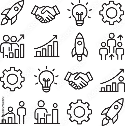Vector icons set of business startup, innovation, and growth line icons set. essential symbols for project development and success.