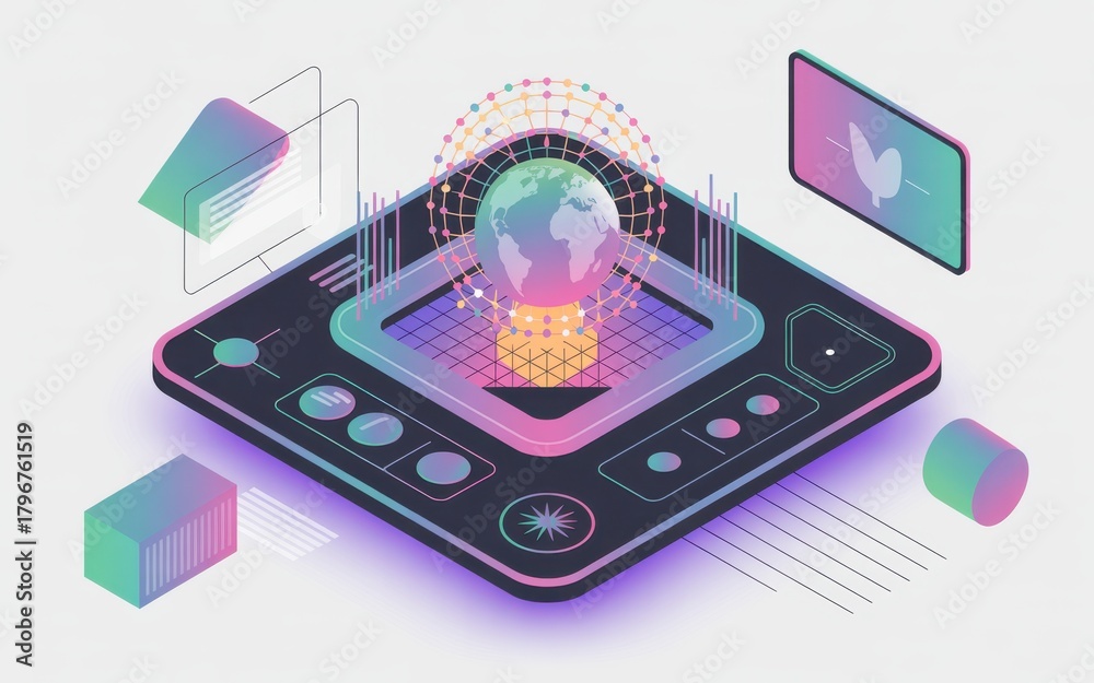 Fototapeta premium Futuristic Isometric Platform with Holographic Globe and Geometric Elements for Technology Innovation Visuals