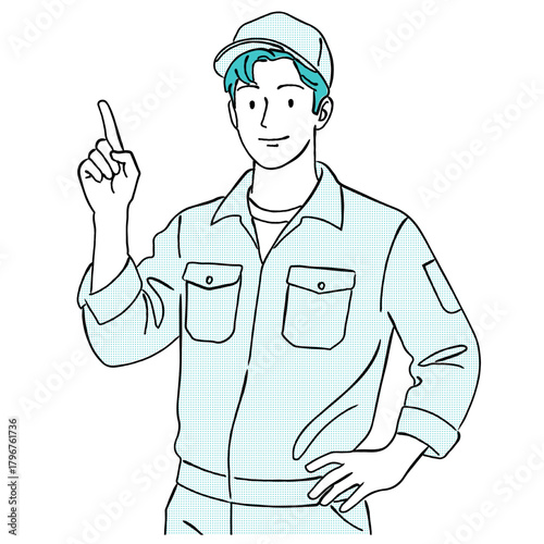指差し（案内）をする作業服の男性,説明,指示,誘導,サービス,シンプル,ベクター