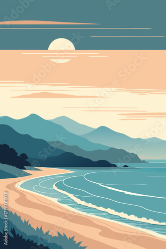 Coastal landscape with mountains and sunset sky
