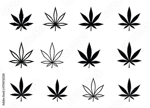 Assorted cannabis plant leaf illustrations displaying various solid and outline styles