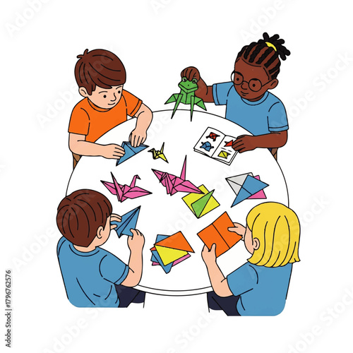 Four Children Engaged in Colorful Origami at a Round Table Workshop.