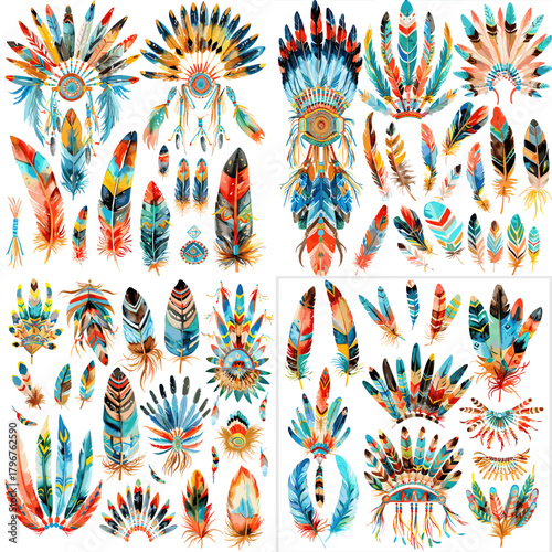 Ornate watercolor tribal feathers, dreamcatcher motifs, and ceremonial plumes in turquoise, red, and ochre. Bohemian ethnic set for posters, apparel, and festival graphics.