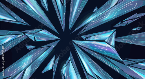 Abstract digital shards of light and circuit patterns radiating from a central point against a dark background.