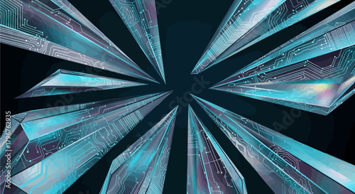 Abstract futuristic crystalline shards with circuit patterns converging on a dark background.