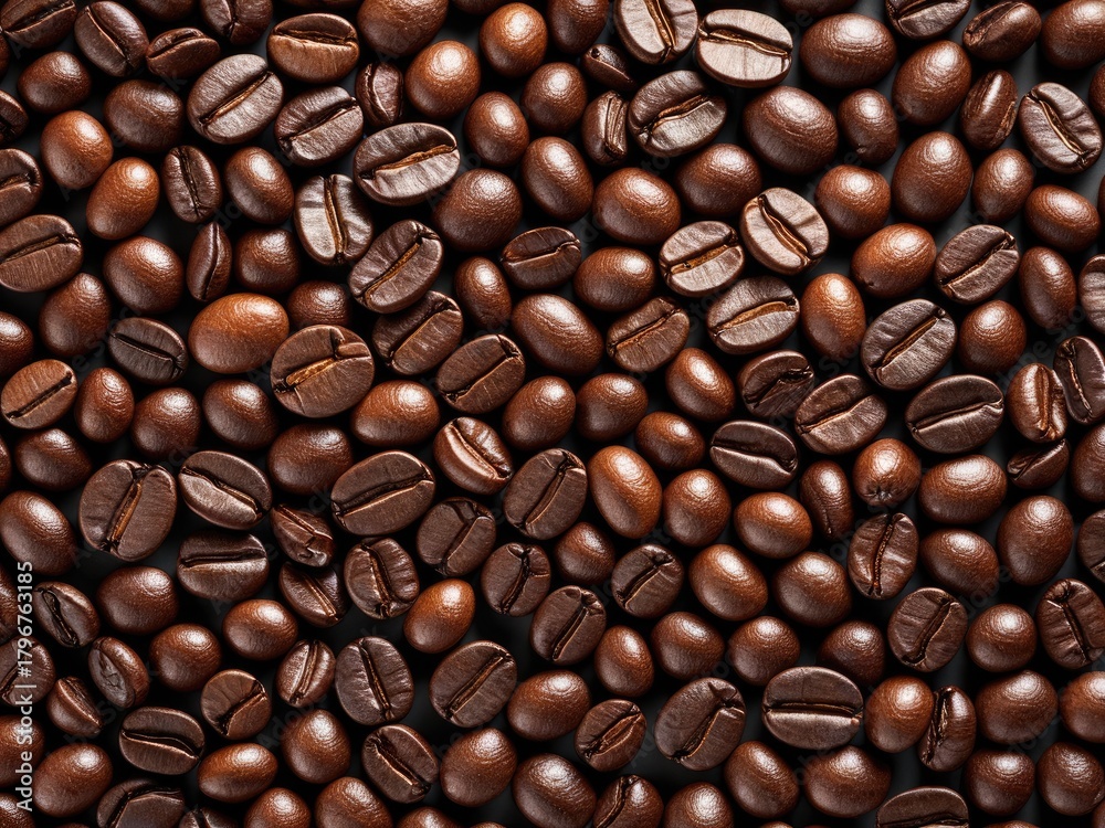 Fototapeta premium Close-up of Dark Roasted Coffee Beans - A Rich Texture and Aroma for Your Coffee Break