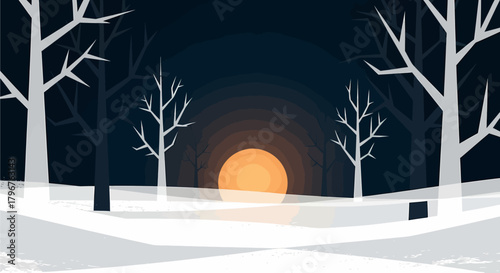 A stylized illustration of a dark winter forest at dusk with a glowing orange sun setting behind bare trees and snow-covered ground.
