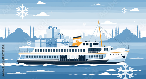 Winter-themed ferry transporting gifts across snowy waters  