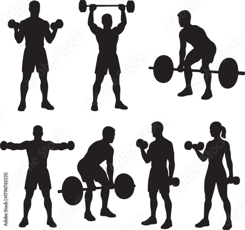 Dynamic strength training silhouettes vector illustration set of people exercising with dumbbells and barbells in fitness gym