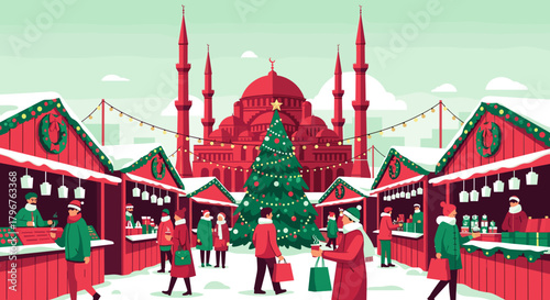 Illustrative Christmas market scene with festive stalls and tree  