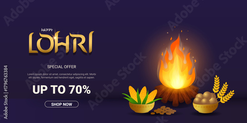 Happy Lohri sale banner design. Sale special offer 70 percent off discount for holiday season template with sweets, sugarcane, corn, bonfire, flat style dark blue background. Vector illustration