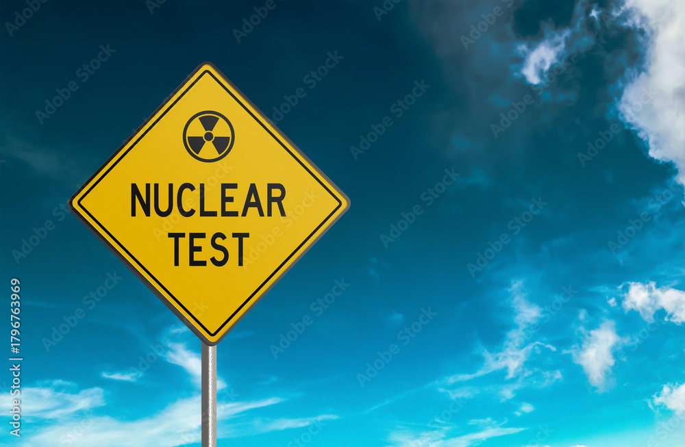 Obraz premium Nuclear Test Ahead Road Warning Sign