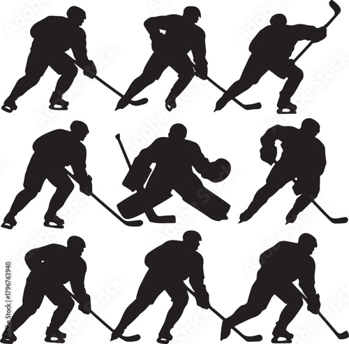 Ice hockey player silhouettes set showcasing various dynamic actions, including skating, shooting, and a goalie in action.