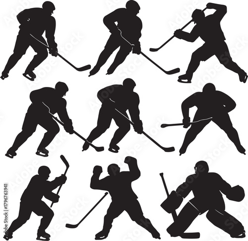 Ice hockey player silhouettes set in various action poses, including a goalie, perfect for dynamic sports design.
