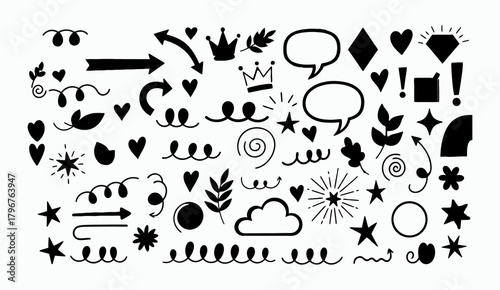 A white background is filled with a large  hand-drawn doodle elements. These elements are scattered across the entire canvas and are rendered in various vibrant