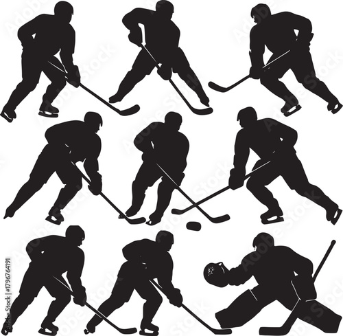 Ice hockey player silhouettes set. dynamic poses of skaters, shooters, and a goalie in action on ice rink
