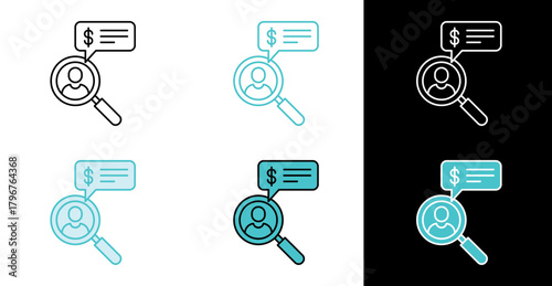 User search with money chat icon for job hiring and compensation review in line and fill style