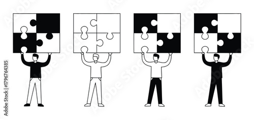 Diverse Group Of People Holding Up Collaborative Jigsaw Puzzle Pieces Solution