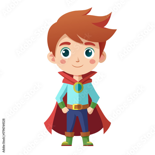 Cute cartoon little girl character in red dress smiling with funny fashion hair