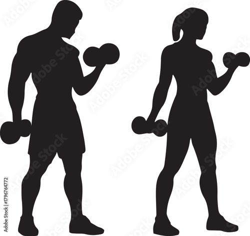 Male and female silhouettes engaging in strength training with dumbbells, promoting health and fitness goals