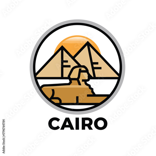 2D icon of Cairo showing simplified pyramids and a stylized Sphinx silhouette