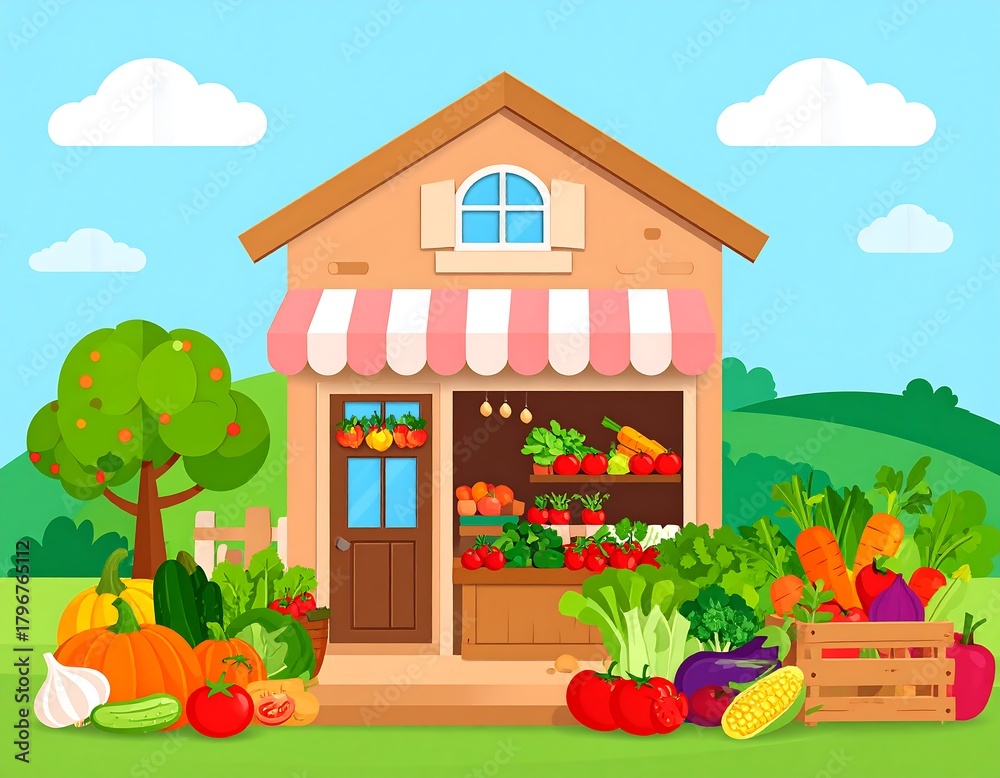 Obraz premium A charming, illustrated farmers market, brimming with colorful fresh produce. A small house with an awning is the store