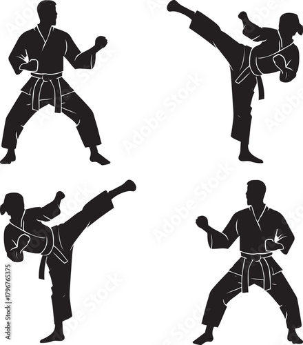 Silhouettes of male and female karate practitioners demonstrating various martial arts stances and movements
