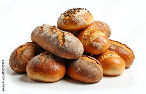 Assorted fresh baked buns on white background. Pile of various bread including round rolls and long loaf. Bakery products isolated on white surface.