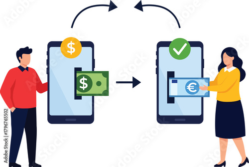 Man sending dollars woman receiving euros via mobile phones mobile payment money transfer