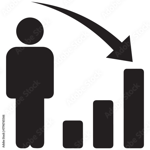 Decline in Performance Person and Downward Arrow with Bar Graph.