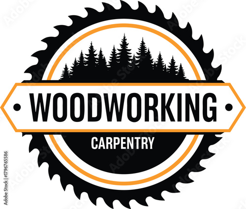 Woodworking Carpentry Logo with Orange Circle and Arrow Shape sign emblem