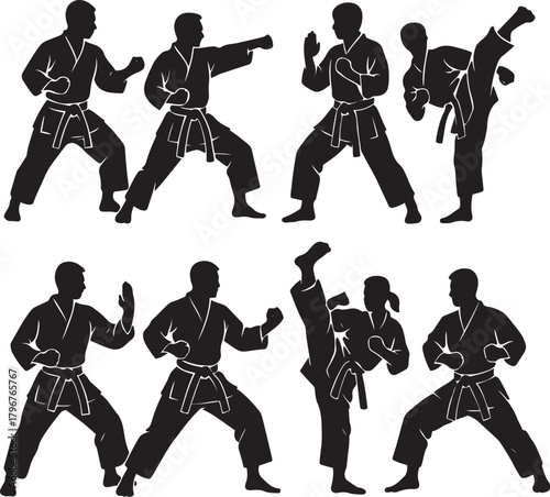 Set of dynamic martial arts silhouettes vector art karate practitioners in various action poses, punches, and high kicks.