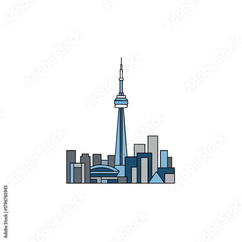 2D icon of Toronto with a simplified CN Tower rising above clean geometric skyline shapes