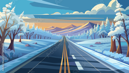 A quiet and isolated straight road blanketed in crisp snow and thin layers of icy frost, leading toward a pale winter horizon with soft light and a serene, chilled atmosphere