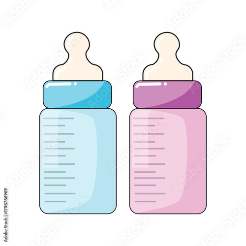Blue and pink baby milk bottles
