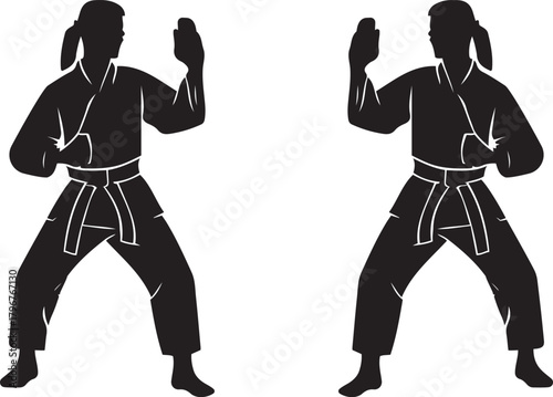 Silhouette of a two martial artists in fighting stance, ready for combat or sparring, illustrating discipline and strength in action 