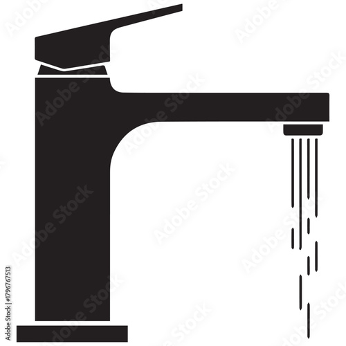 Modern black faucet with running water illustration.