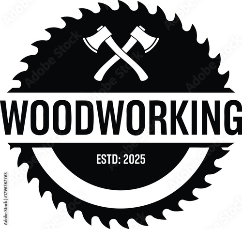Woodworking Logo with Crossed Axes and Saw Blade carpentry