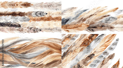 Watercolor feather textures arranged as flowing borders and strands in neutral tones. Soft natural plumes for patterns, invitations, textiles, packaging, and elegant backgrounds.