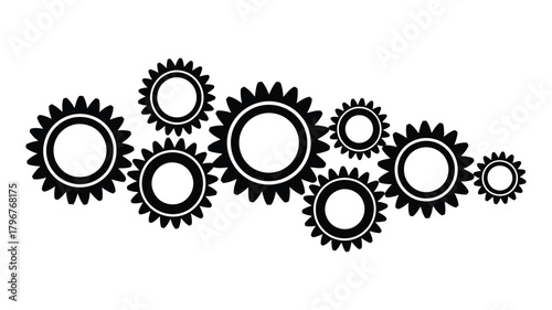 Interconnected black gears on a clean white background, illustrating a complex mechanical system, teamwork, process, and industrial engineering.