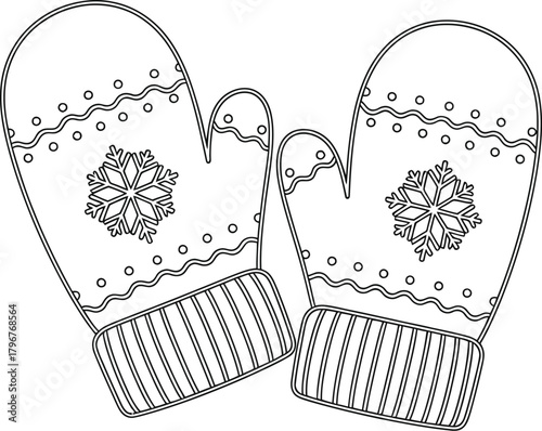 Winter mittens with snowflake design isolated on white background for coloring book