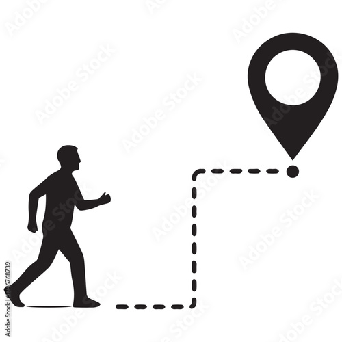 Silhouette of a man walking towards a location pin on a map.