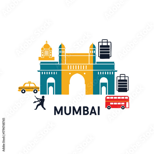 2D icon of Mumbai with a stylized Gateway of India silhouette