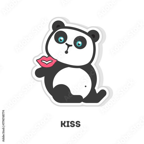Sweet and adorable cartoon panda illustration with big eyes, holding vibrant pink lips for a charming kiss