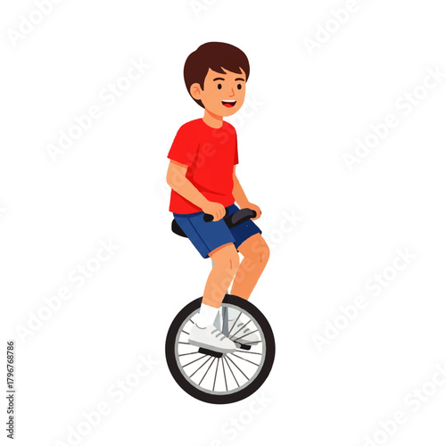Young boy riding a unicycle in a playful outdoor scene.